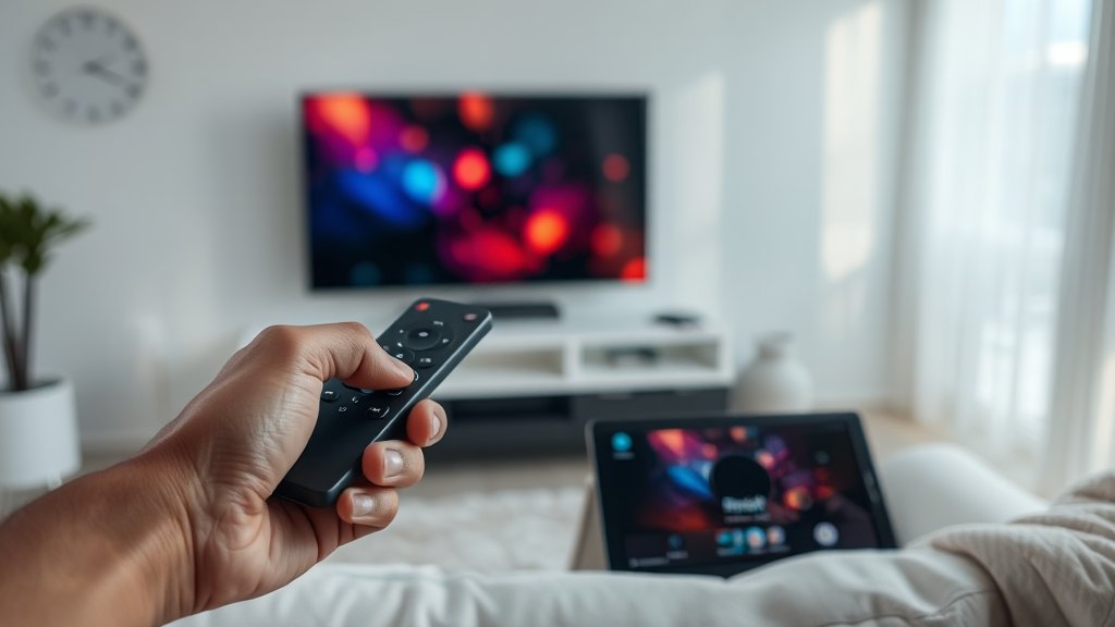 Remote control pointing at a smart TV with a tablet nearby