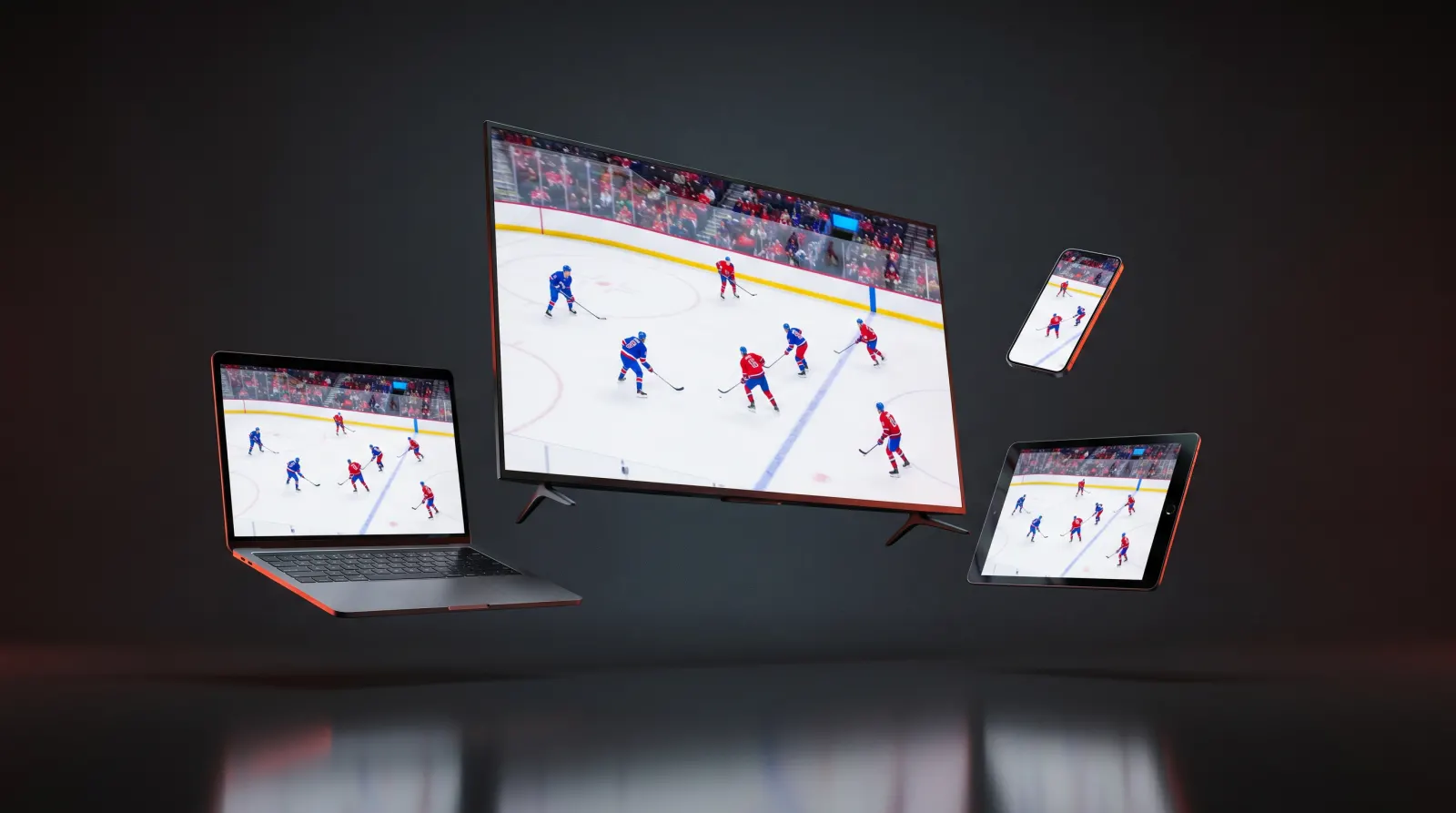 TV, laptop, tablet and phone all streaming the same live hockey game