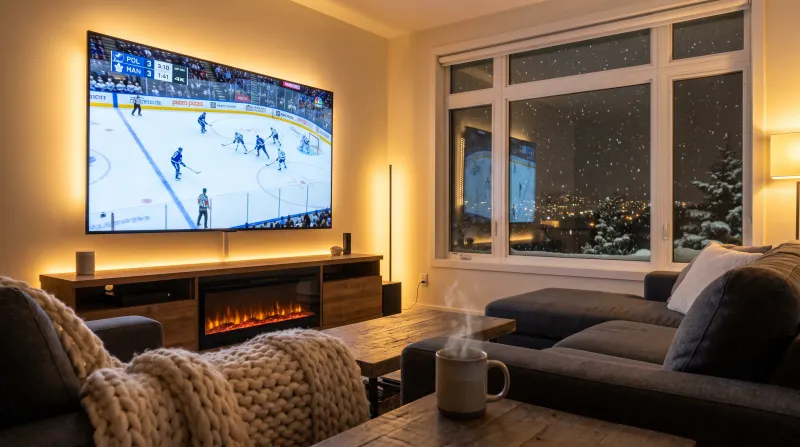 Living room at night with a hockey game on a large 4K TV