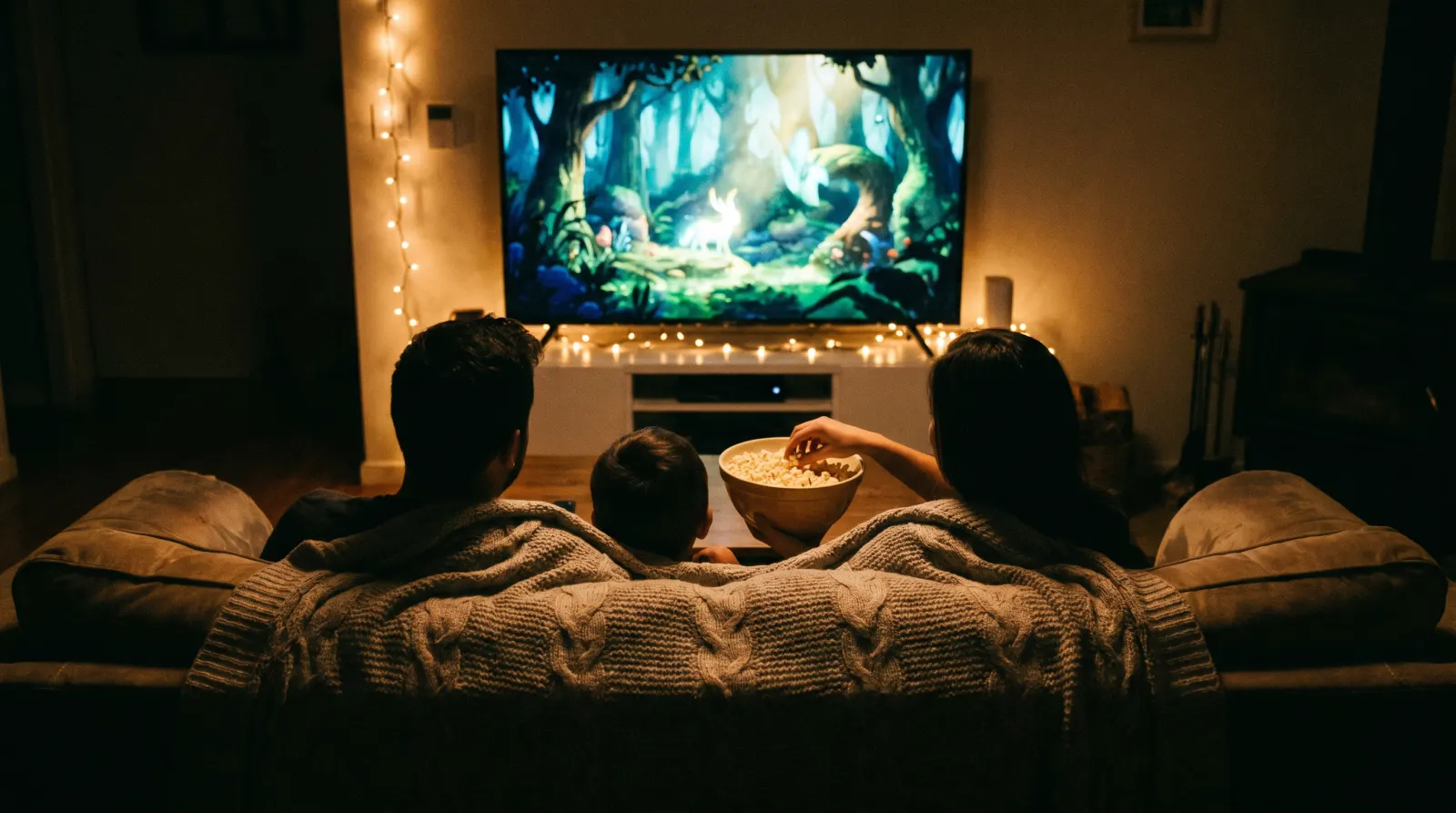 Family watching a movie together in a dark cozy living room